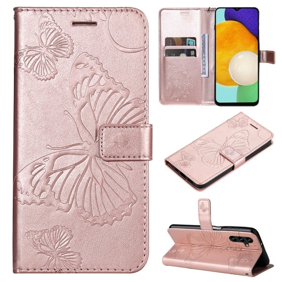 Allytech Galaxy S23 FE Wallet Case, Big Butterfly Design Luxury PU Leather Flip Folio Stand Cards Slots Hand Wrist Shockproof Phone Case for Samsung Galaxy S23 FE - Rosegold
