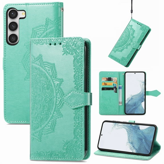 Allytech Galaxy S23 FE Wallet Case with Hand Wrist, Flip Mandala Embossed Slim Fit Card Slots Kickstand Shockproof Wallet Case Cover for Samsung Galaxy S23 FE - Green