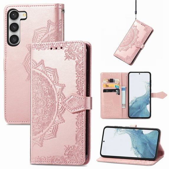 Allytech Galaxy S23 FE Wallet Case with Hand Wrist, Flip Mandala Embossed Slim Fit Card Slots Kickstand Shockproof Wallet Case Cover for Samsung Galaxy S23 FE - Rosegold