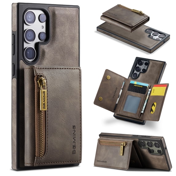 Allytech Galaxy S23 FE Wallet Case RFID Blocking, 2 in 1 Large Zipper Pocket Detachable Card Slots Shockproof Anti-Scratch Stand Purse Case Cover for Samsung Galaxy S23 FE - Coffee