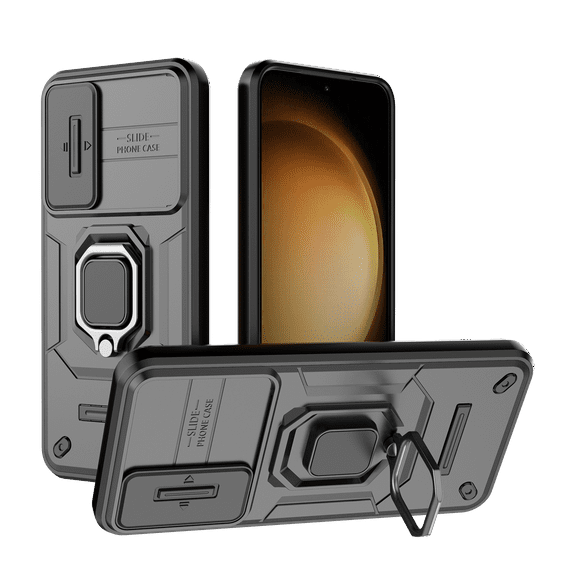 Allytech Galaxy S23+ Plus Case with Sliding Camera Lens Protector, Rugged Hybrid PC TPU Back Cover with Ring Holder Stand Military Grade Protection Phone Case for Samsung Galaxy S23 Plus - Black