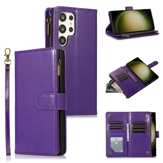 Allytech Galaxy S23 Ultra Case, PU Leather Zipper Wallet Case 9 Cards Holder Hand Wrist Strap Stand Shockproof Protective Flip Case Cover for Samsung Galaxy S23 Ultra 6.8" 5G - Purple