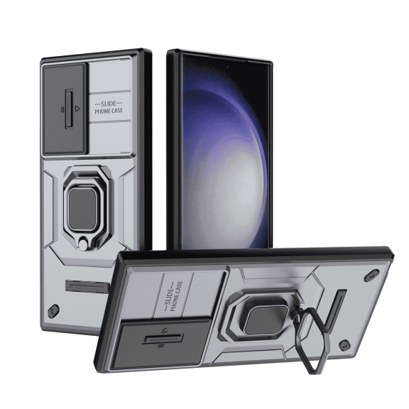 Allytech Galaxy S23 Ultra Case with Sliding Camera Lens Protector, Rugged Hybrid PC TPU Back Cover with Ring Holder Stand Military Grade Protection Phone Case for Samsung Galaxy S23 Ultra - Gray