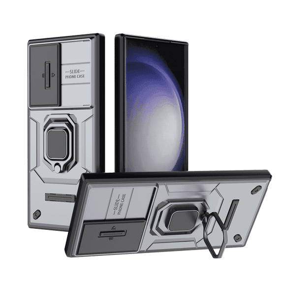 Allytech Galaxy S23 Ultra Case with Sliding Camera Lens Protector, Rugged Hybrid PC TPU Back Cover with Ring Holder Stand Military Grade Protection Phone Case for Samsung Galaxy S23 Ultra - Gray