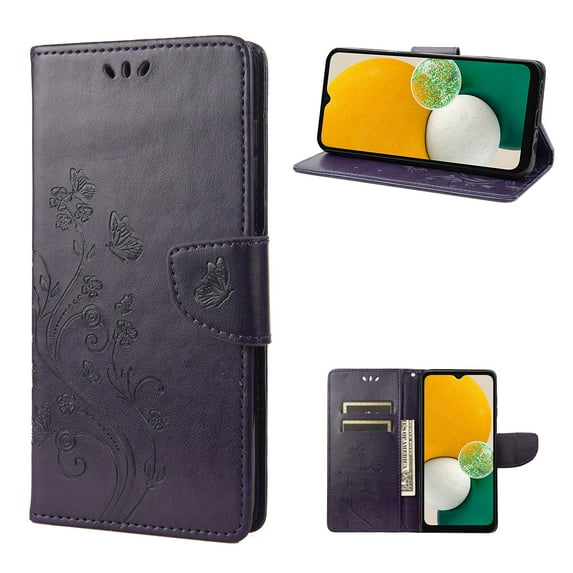 Allytech for Galaxy S24 FE Case Wallet, Galaxy S24 FE Case for Women, PU Leather Butterfly Flower Embossed Shockproof Protective Stand Cards Slots Wallet Case Cover for Samsung Galaxy S24, Purple