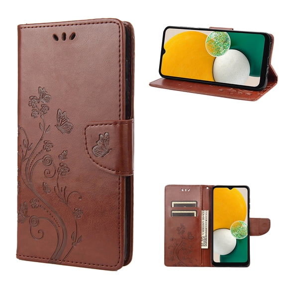 Allytech for Galaxy S24 FE Case Wallet, Galaxy S24 FE Case for Women, PU Leather Butterfly Flower Embossed Shockproof Protective Stand Cards Slots Wallet Case Cover for Samsung Galaxy A06, Brown