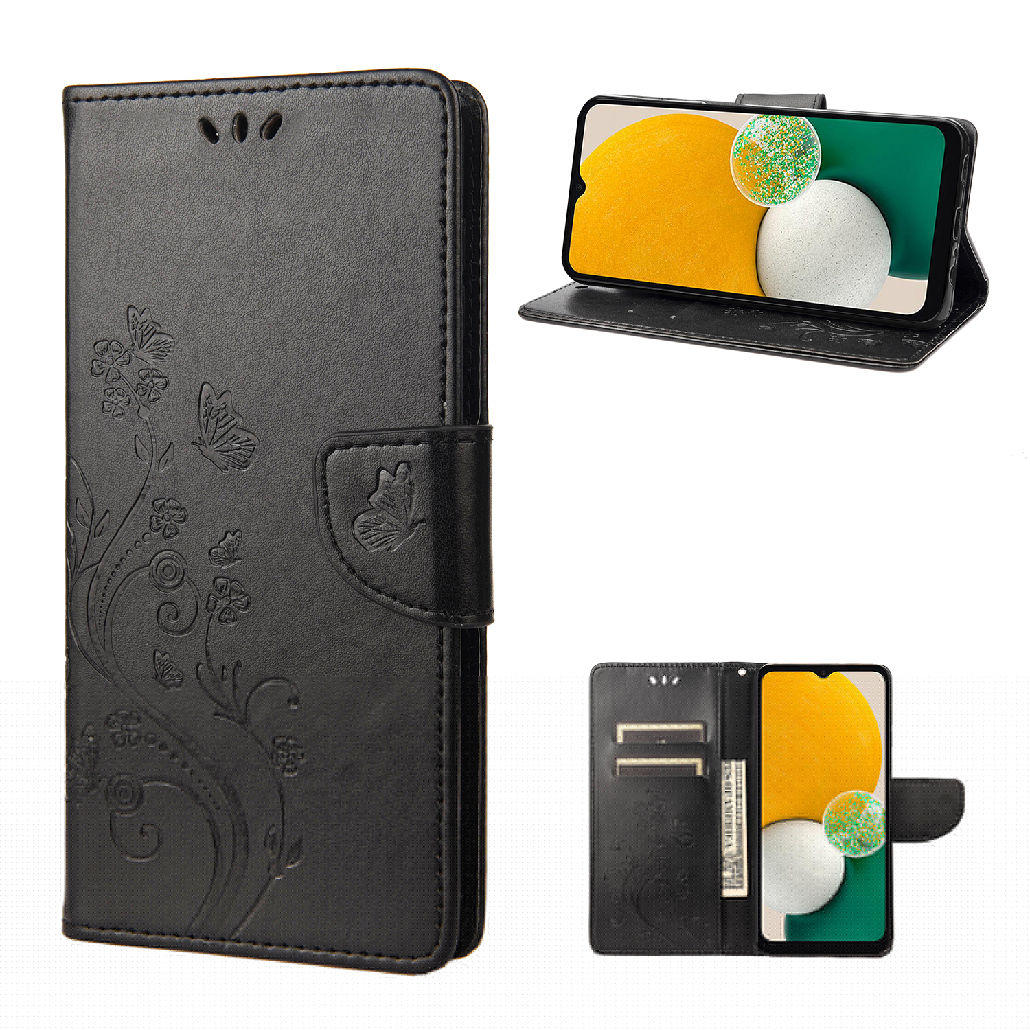 Allytech for Galaxy S24 FE Case Wallet, Galaxy S24 FE Case for Women, PU Leather Butterfly Flower Embossed Shockproof Protective Stand Cards Slots Wallet Case Cover for Samsung Galaxy A56 5G, Black