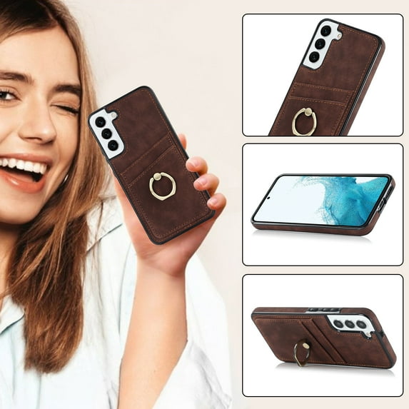 Allytech Galaxy S24 Plus Wallet Case with Card Slots, Ring Holder Stand Slim RFID Blocking Shockproof Back Cover Hard Shell Phone Case for Samsung Galaxy S24 Plus, Coffee