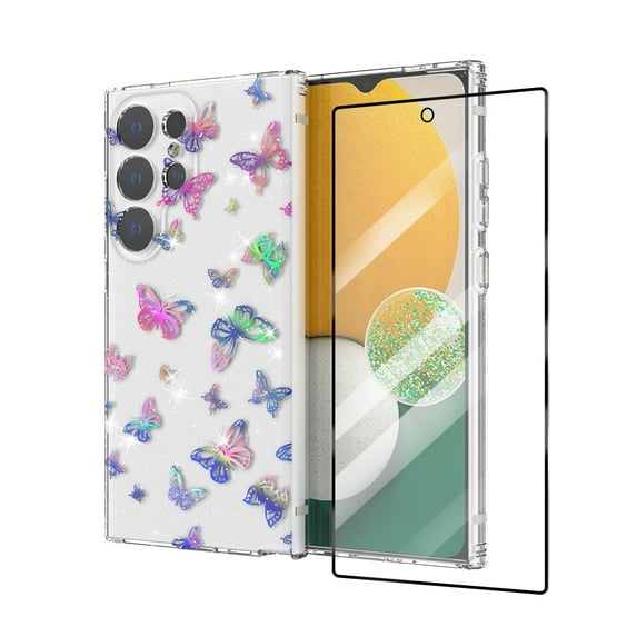Allytech Galaxy S24 Ultra Case with Tempered Glass Screen Protector, Fingerprint Unlock Anti-Scratch Luxury Design Back Cover Case for Samsung Galaxy S24 Ultra 6.8", Colorful Butterfly