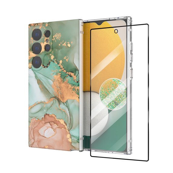 Allytech Galaxy S24 Ultra Case with Tempered Glass Screen Protector, Fingerprint Unlock Anti-Scratch Luxury Design Back Cover Case for Samsung Galaxy S24 Ultra 6.8", Jade Marble