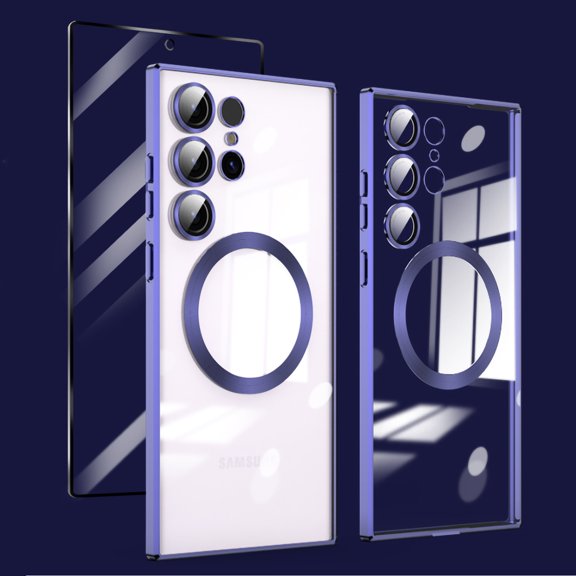 Allytech Galaxy S24 Ultra Clear Magnetic Case with Tempered Glass Screen Protector + Lens Protector, Fingerprint Unlock Wireless Charging Anti-Yellow Case for Samsung Galaxy S24 Ultra, Darkpurple