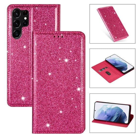 Allytech Galaxy S24 Ultra Wallet Case Bling Glitter Design, Slim PU Leather Cards Holder Flip Stand Cover for Girls Women Shockproof Wallet Case for Samsung Galaxy S24 Ultra - Rose