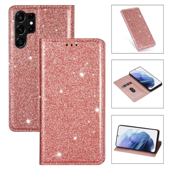 Allytech Galaxy S24 Ultra Wallet Case Bling Glitter Design, Slim PU Leather Cards Holder Flip Stand Cover for Girls Women Shockproof Wallet Case for Samsung Galaxy S24 Ultra - Rosegold
