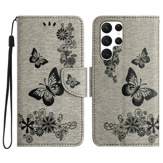 Allytech Galaxy S24 Ultra Wallet Case, PU Leather Butterfly Embossed Flip Folio Stand Protective Shockproof Cards Holder Hand Wrist Bumper Phone Case Cover for Samsung Galaxy S24 Ultra - Gray