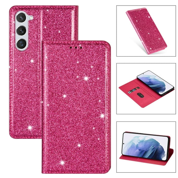 Allytech Galaxy S24 Wallet Case Bling Glitter Design, Slim PU Leather Cards Holder Flip Stand Cover for Girls Women Shockproof Wallet Case for Samsung Galaxy S24 - Rose