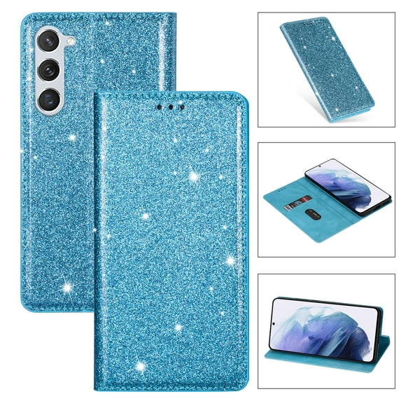 Allytech Galaxy S24 Wallet Case Bling Glitter Design, Slim PU Leather Cards Holder Flip Stand Cover for Girls Women Shockproof Wallet Case for Samsung Galaxy S24 - Skyblue