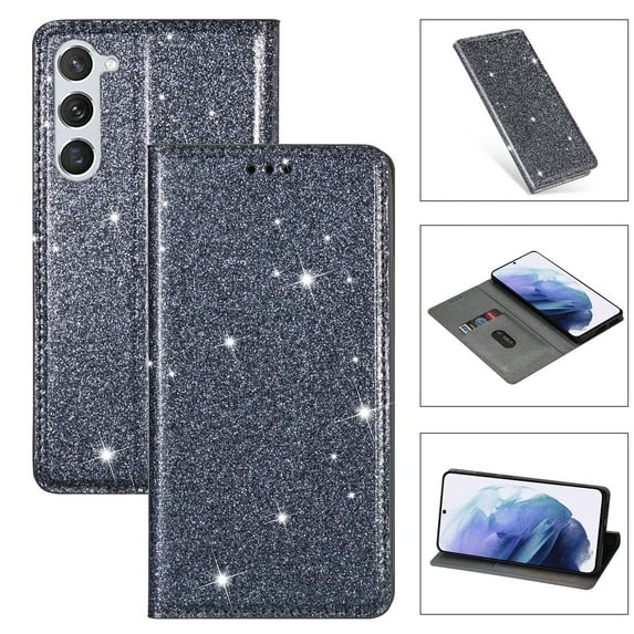 Allytech Galaxy S24 Wallet Case Bling Glitter Design, Slim PU Leather Cards Holder Flip Stand Cover for Girls Women Shockproof Wallet Case for Samsung Galaxy S24 - Gray