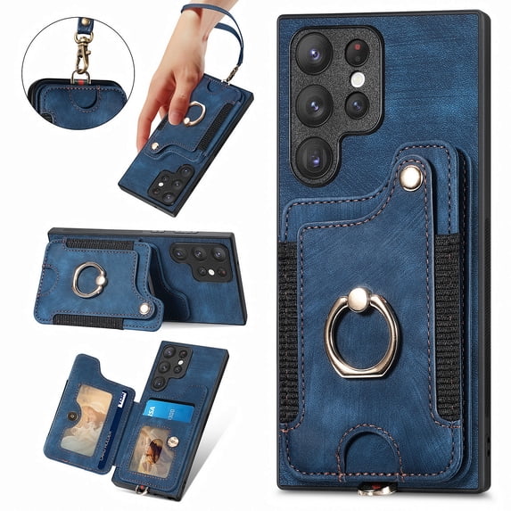 Allytech Galaxy S25 Case Wallet, RFID Blocking Multiple Cards Slots Ring Holder Stand Shockproof Protective Hand Wrist Wallet Case Cover for Samsung Galaxy S25 - Blue