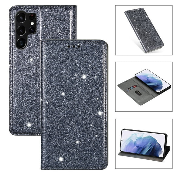 Allytech Galaxy S25 Ultra Wallet Case Bling Glitter Design, Slim PU Leather Cards Holder Flip Stand Cover for Girls Women Shockproof Wallet Case for Samsung Galaxy S25 Ultra - Gray