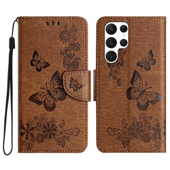 Allytech Galaxy S25 Ultra Wallet Case, PU Leather Butterfly Embossed Flip Folio Stand Protective Shockproof Cards Holder Hand Wrist Bumper Phone Case Cover for Samsung Galaxy S25 Ultra - Brown