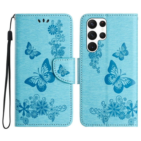 Allytech Galaxy S25 Ultra Wallet Case, PU Leather Butterfly Embossed Flip Folio Stand Protective Shockproof Cards Holder Hand Wrist Bumper Phone Case Cover for Samsung Galaxy S25 Ultra - Blue