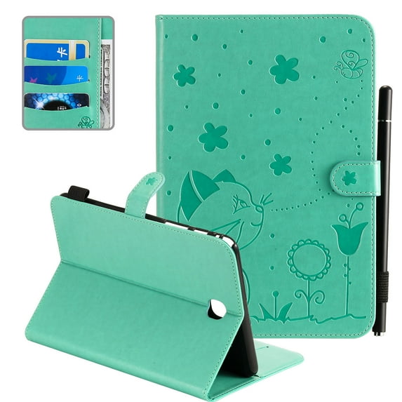 Allytech Galaxy Tab A 8.0 2015 Case T350, PU Leather Cat Embossed Folio Flip Folding Stand Shockproof Full Protection TPU Back Cover Case for Samsung Galaxy Tab A 8.0 2015 SM-T350, Green