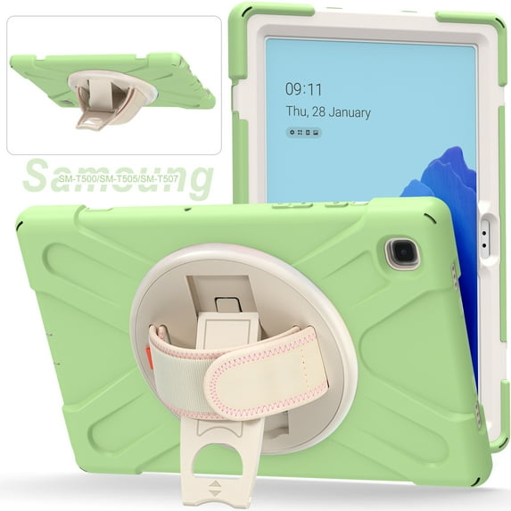 Allytech Galaxy Tab A7 10.4" Case with Screen Protector, SM-T500 T505 T507 Case, Shock-absorbing Rugged Kickstand Hand Strap Defender Case Cover for Samsung Galaxy Tab A7 10.4" T500, Matchagreen