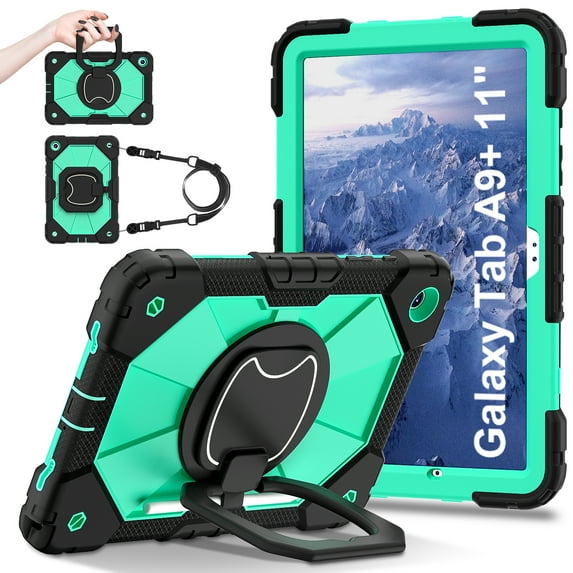 Allytech for Galaxy Tab A9+ 11" Case SM-X210 X215 2023, Rugged Shockproof Kids Friendly Kickstand Handle Grip Shoulder Strap Bumper Tablet Case for Samsung Galaxy Tab A9 Plus - Black+Mint