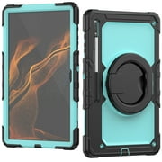 Allytech Galaxy Tab S8 Ultra X900 X906 Case with PET Screen Protector, Rugged Hybrid Protective Shockproof Ring Rotating Kickstand Case Cover for Samsung Galaxy Tab S8 Ultra SM-X900 - Black+Light Blue