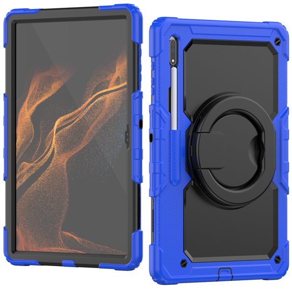 Allytech Galaxy Tab S8 Ultra X900 X906 Case with PET Screen Protector, Rugged Hybrid Protective Shockproof Ring Rotating Kickstand Case Cover for Samsung Galaxy Tab S8 Ultra SM-X900 - Blue+Black