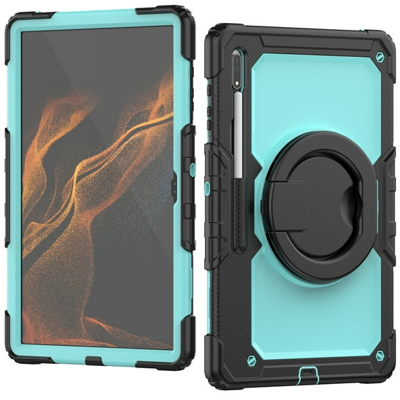 Allytech Galaxy Tab S8 Ultra X900 X906 Case with PET Screen Protector, Rugged Hybrid Protective Shockproof Ring Rotating Kickstand Case Cover for Samsung Galaxy Tab S8 Ultra SM-X900 - Black+Light Blue