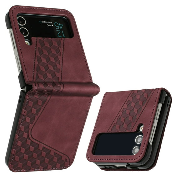 Allytech Galaxy Z Flip 3 Case with Credit Card Slots, Anti-Scratch PU Leather & PC Shockproof Folio Flip Case for Samsung Galaxy Z Flip 3 2021, Winered