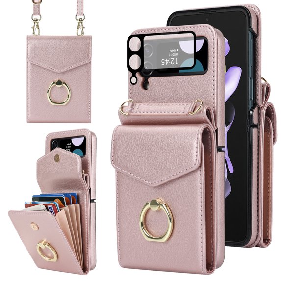 Allytech Galaxy Z Flip 3 Wallet Case With 1 Pcs Camera Screen Protector - Multiple Cards Slots Shoulder Strap Ring Holder Stand Protective Wallet Case for Samsung Galaxy Z Flip 3 - Rosegold