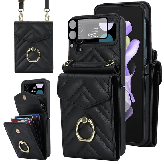 Allytech Galaxy Z Flip 3 Wallet Case + 1Pcs Camera Lens Protector, PU Leather Cards Holders Ring Stand Shoulder Strap Shockproof Mangetic Closure Wallet Case Cover for Samsung Galaxy Z Flip 3 - Black