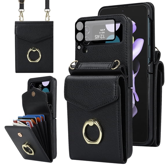 Allytech Galaxy Z Flip 4 Case + 1 Pcs Camera Lens Screen Protector, Multiple Cards Holder Ring Stand Crossbody Shoulder Strap Wallet Case Cover for Samsung Galaxy Z Flip 4 5G - Black