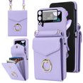thumbnail image 1 of Allytech Galaxy Z Flip 4 Case + 1 Pcs Camera Lens Screen Protector, Multiple Cards Holder Ring Stand Crossbody Shoulder Strap Wallet Case Cover for Samsung Galaxy Z Flip 4 5G - Purple, 1 of 9