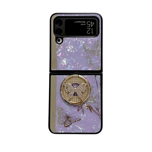Allytech Galaxy Z Flip 4 Case, Glitter Butterfly Design Shockproof Anti-scratch Camera Lens Protective Kickstand Back Case Cover for Samsung Galaxy Z Flip 4 6.7" - Purple