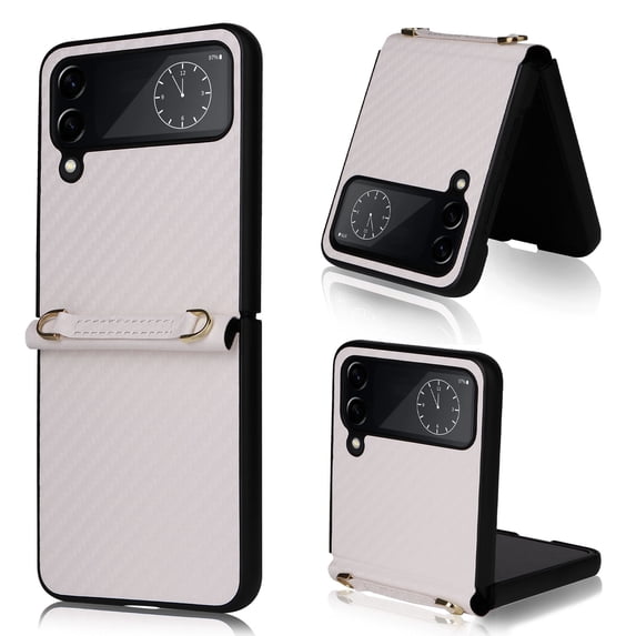 Allytech Galaxy Z Flip 4 Case with Shoulder Strap, Carbond Fiber Protective Anti-scratch Drop Proof Adjustable Strap Wrist Case Cover for Samsung Galaxy Z Flip 4 5G (2022)- White