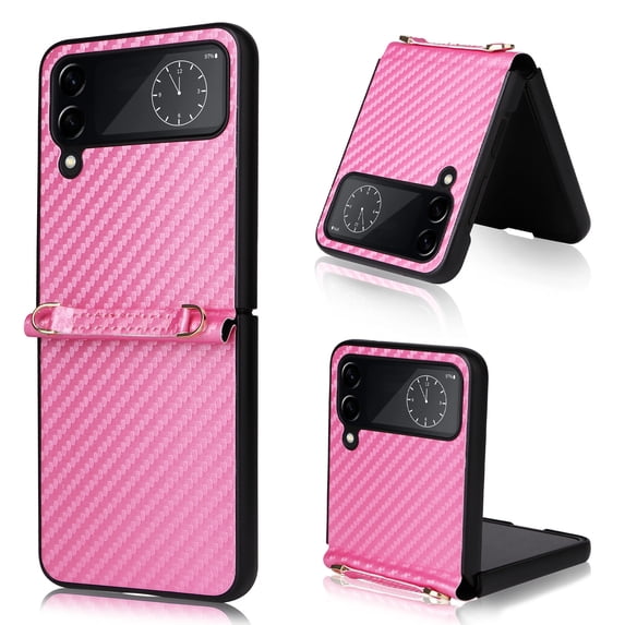 Allytech Galaxy Z Flip 4 Case with Shoulder Strap, Carbond Fiber Protective Anti-scratch Drop Proof Adjustable Strap Wrist Case Cover for Samsung Galaxy Z Flip 4 5G (2022)- Pink