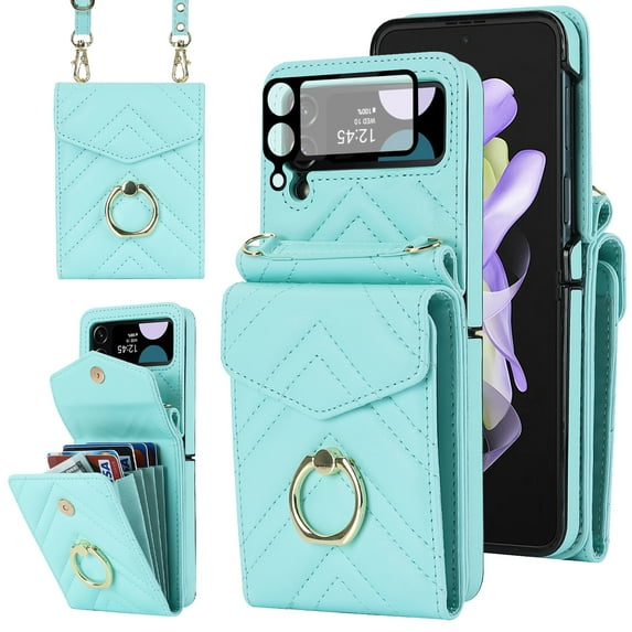 Allytech Galaxy Z Flip 4 Wallet Case + 1Pcs Camera Lens Protector, PU Leather Cards Holders Ring Stand Shoulder Strap Shockproof Mangetic Closure Wallet Case Cover for Samsung Galaxy Z Flip 4 - Green