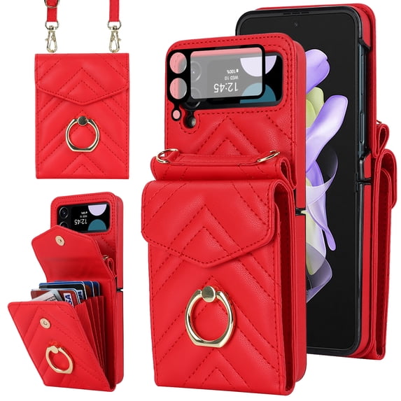 Allytech Galaxy Z Flip 4 Wallet Case + 1Pcs Camera Lens Protector, PU Leather Cards Holders Ring Stand Shoulder Strap Shockproof Mangetic Closure Wallet Case Cover for Samsung Galaxy Z Flip 4 - Red