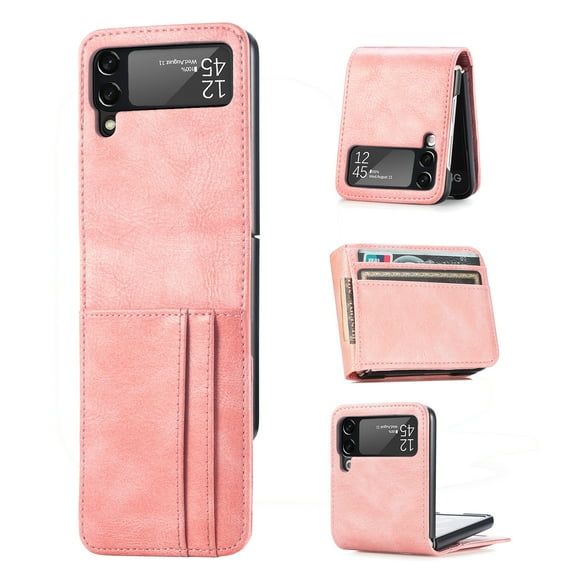 Allytech Galaxy Z Flip 4 Wallet Case, PU Leather Retro Cards Slots Slim Shockproof Anti-scratch Wallet Cover Case for Samsung Galaxy Z Flip 4 - Pink