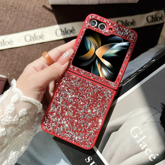 Allytech for Galaxy Z Flip 5 Case Glitter, Bling Rhinestone Slim Fit Shell Shockproof Bumper Anti-Scratch TPU Rugged Phone Case Cover for Samsung Galaxy Z Flip 5 - Red