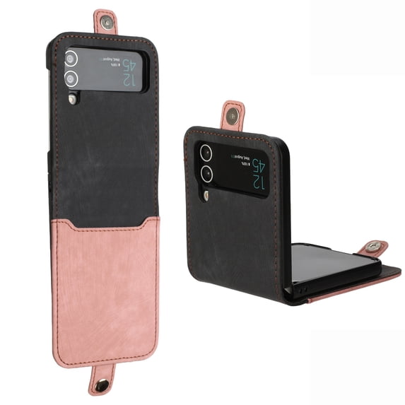 Allytech Galaxy Z Flip3 5G Phone Cases, Premium PU Leather Drop Proof Hinge Protection Anti-Scratch Kickstand Wrist Strap Hard PC Back Folio Flip Case Cover for Samsung Galaxy Z Flip 3 5G, Pink