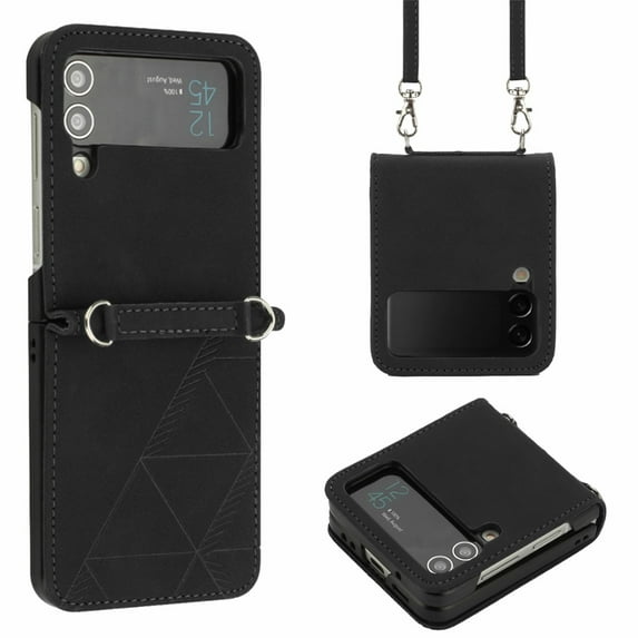 Allytech for Galaxy Z Flip4 5G 2022 Case with Business Style, Detachable & Adjustable Shoulder Strap Vegan PU Leather Anti-DropCase for Samsung Z Flip 4 (6.7 inch), Black