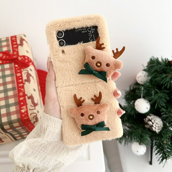 Allytech Galaxy Z Flip4 Case Christmas Elk, Faux Fur Furry Back Cover with Cute Elk Perfect Gift for Christmas Shockproof Protective Phone Case Cover for Samsung Galaxy Z Flip 4 - Brown