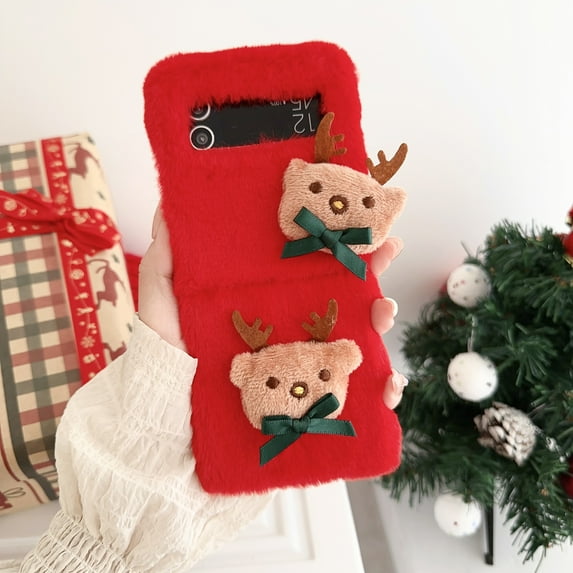 Allytech Galaxy Z Flip4 Case Christmas Elk, Faux Fur Furry Back Cover with Cute Elk Perfect Gift for Christmas Shockproof Protective Phone Case Cover for Samsung Galaxy Z Flip 4 - Red