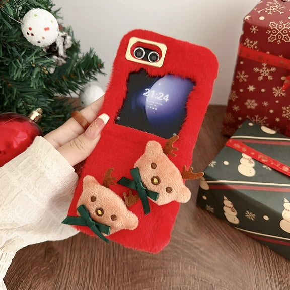 Allytech Galaxy Z Flip5 Case Christmas Elk, Faux Fur Furry Back Cover with Cute Elk Perfect Gift for Christmas Shockproof Protective Phone Case Cover for Samsung Galaxy Z Flip 5 - Red