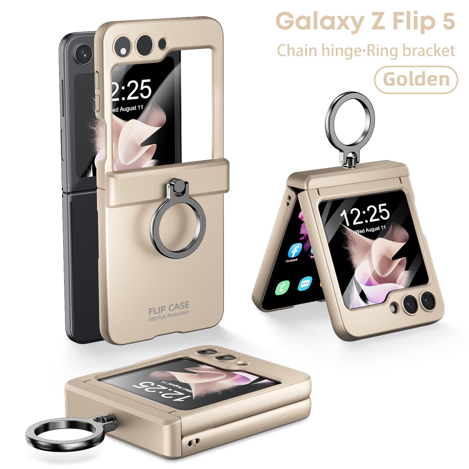 Allytech Galaxy Z Flip5 Case with Screen Protector, Z Flip5 Cover with Ring Holder Stand, Hybrid Military Grade Protection Shockproof Phone Case for Samsung Galaxy Z Flip 5 5G - Gold