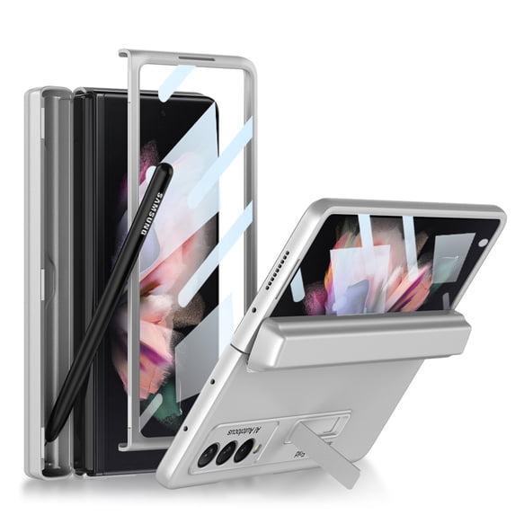 Allytech Galaxy Z Fold 3 Case with Screen Protector, Rugged Full Body Protective Hinge Cover with Pencil Holder Shockproof Anti-scratch Armor Bumper Cover Case for Samsung Galaxy Z Fold 3 5G -Silver
